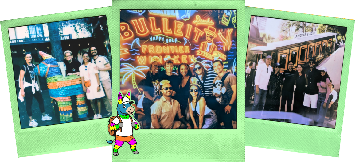 Polaroid of a wellness walk at Grand Central Market. A group picture in front of the happy hour sign at Grand Central Market. A group of 7 people and 1 dog smiling in celebration of their friend's birthday.