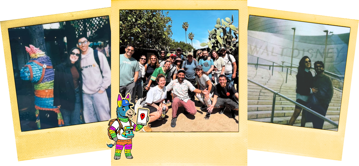 Polaroid Photo Set of Tourists at several stops on the free walking tour of downtown LA. The left polaroid has a happy couple in front of a donkey pinata statue at Placita Olvera. In the middle, a tour group of 4 is posing at Avila Adobe, the oldest house of Los Angeles. The right polaroid has a family of 6 posing in front of Angels Flight.