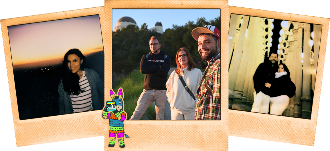 Polaroid Photo Set of Tourists at several stops on the free walking tour of downtown LA. The left polaroid has a happy couple in front of a donkey pinata statue at Placita Olvera. In the middle, a tour group of 4 is posing at Avila Adobe, the oldest house of Los Angeles. The right polaroid has a family of 6 posing in front of Angels Flight.