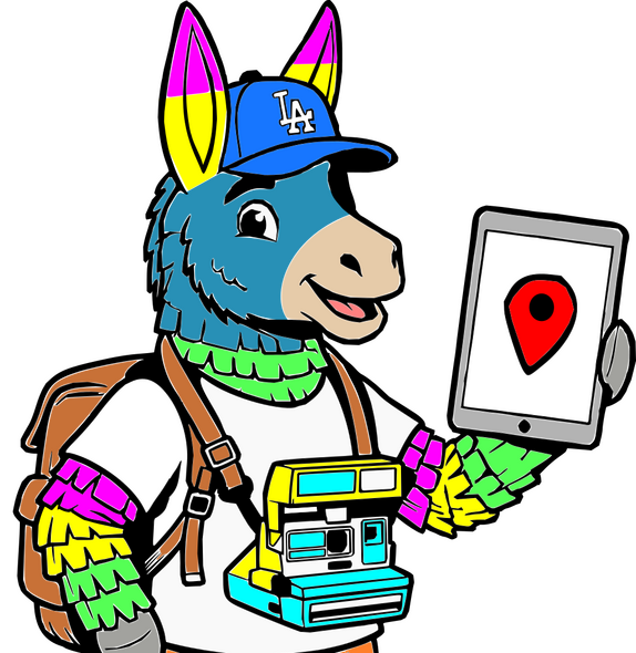 Tour guide pinata mascot inviting people to join walking tours. Pinata mascot is holding a tablet with a location pin indicating that he is a guide. A polaroid camera hangs from his neck and he carries a backpack. Lastly, the pinata has a blue baseball cap with LA to highlight him being a local.
